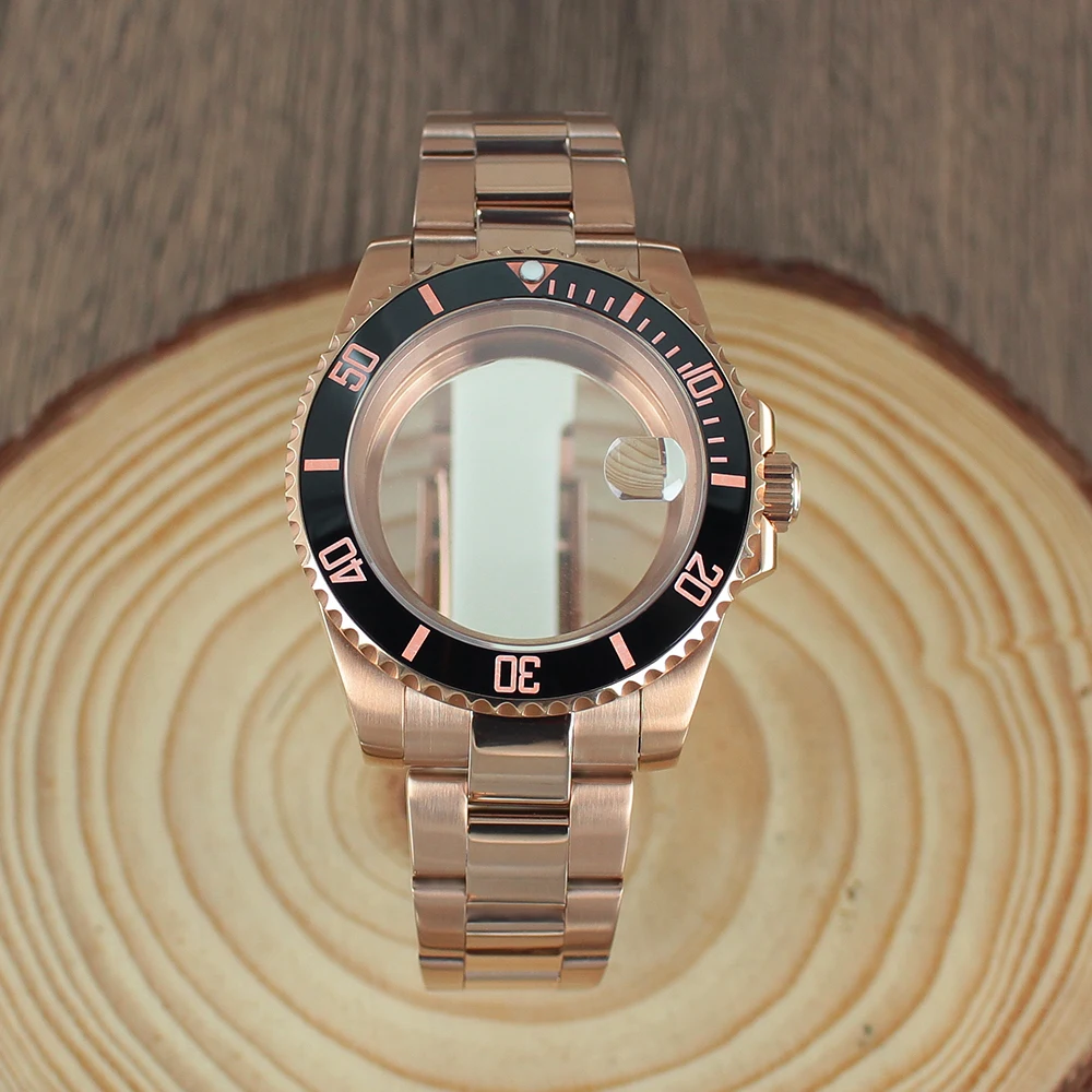 40 مللي متر PVD ساعة ذهبية وردية حزام الياقوت كريستال زجاج ل NH35 NH36 NH34 8215 2824 Movt 28.5 مللي متر الطلب 120 نقرات GMT ROOTBEER