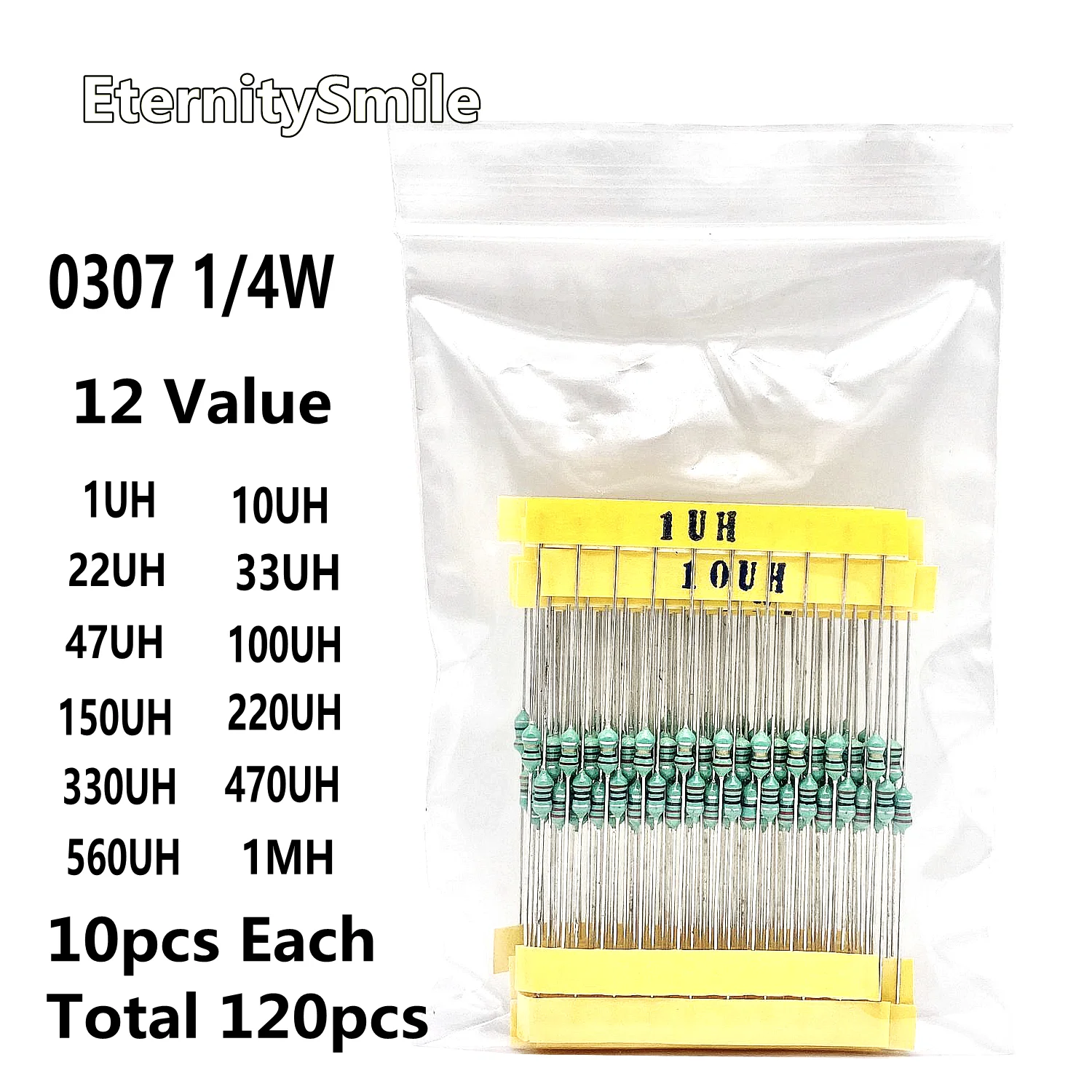 120pc 12value Color Ring Inductor Assortment 0307 1/4W 0.25W Inductors 1UH 100UH 33 220UH 330UH 470UH 1MH Inductors Assorted Kit