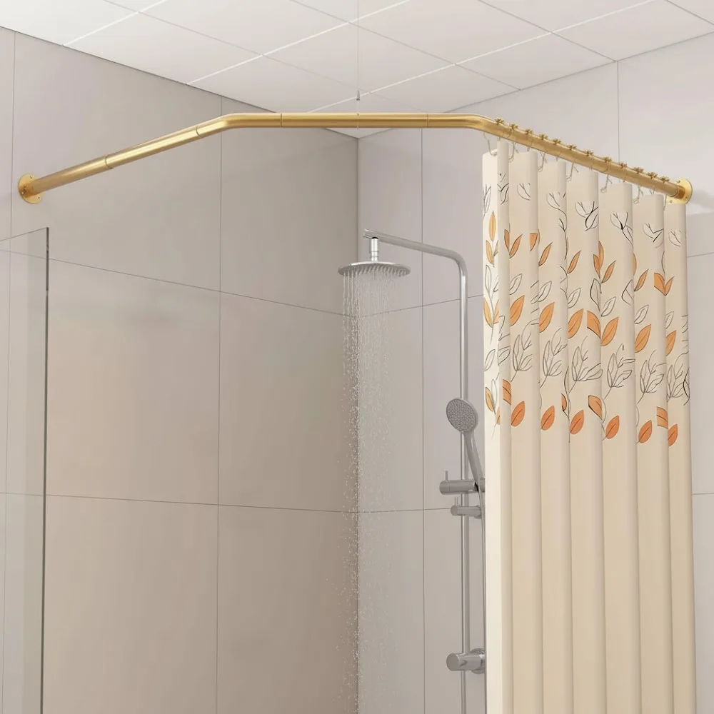

Diamond Corner Shower Curtain Rod Adjustable Heavy Duty Angled Bathroom Pole with 12 Hooks Gold Finish