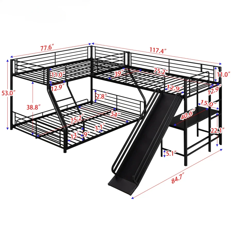 سرير مزدوج على شكل حرف B بطابقين كامل مع سرير علوي مزدوج الحجم، مكتب مدمج ومنزلق، أسود