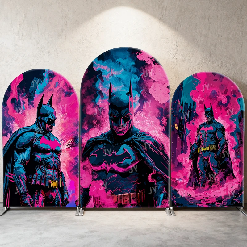 

Batman Neon Cyber Theme Arch Backdrop Cover Pink Blue Smoke Cartoon Background For Kids Birthday Baby Shower Party Decoration