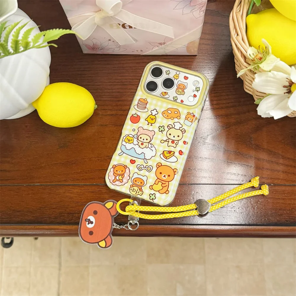 Cute With Lanyard Phone Case For iPhone 15 16 17 18 Pro Max Yellow Plaid Shell Dessert Bath Cartoon Shockproof Protective Cover