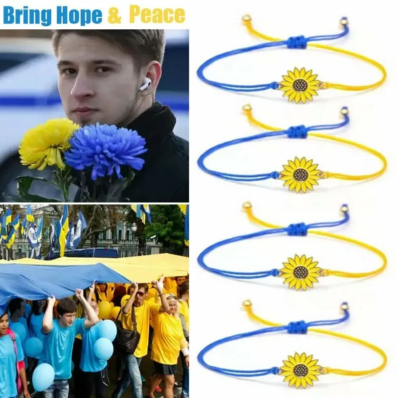Handmade Blue & Yellow Ukraine Country Peace Love Woven Bracelet Leather Women Men Jewlery Gift Adjustable