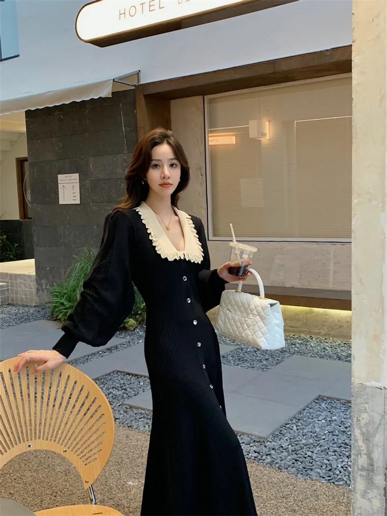 2024 Autumn Winter French Women Knitted Sweater Dress New High Quality Female Doll Collar Lantern Sleeve Slim Mermaid Outwear