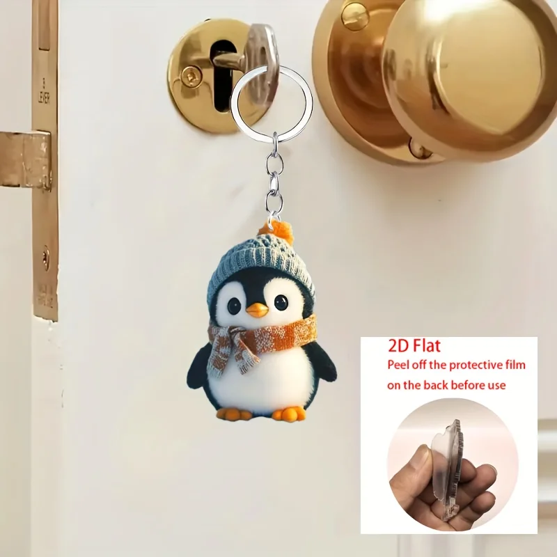 2D Cute Penguin Keychain Wearing Hat Hanging Ornament Acrylic Car Backpack Accessory Perfect Gifts for Halloween Christma Party view 2