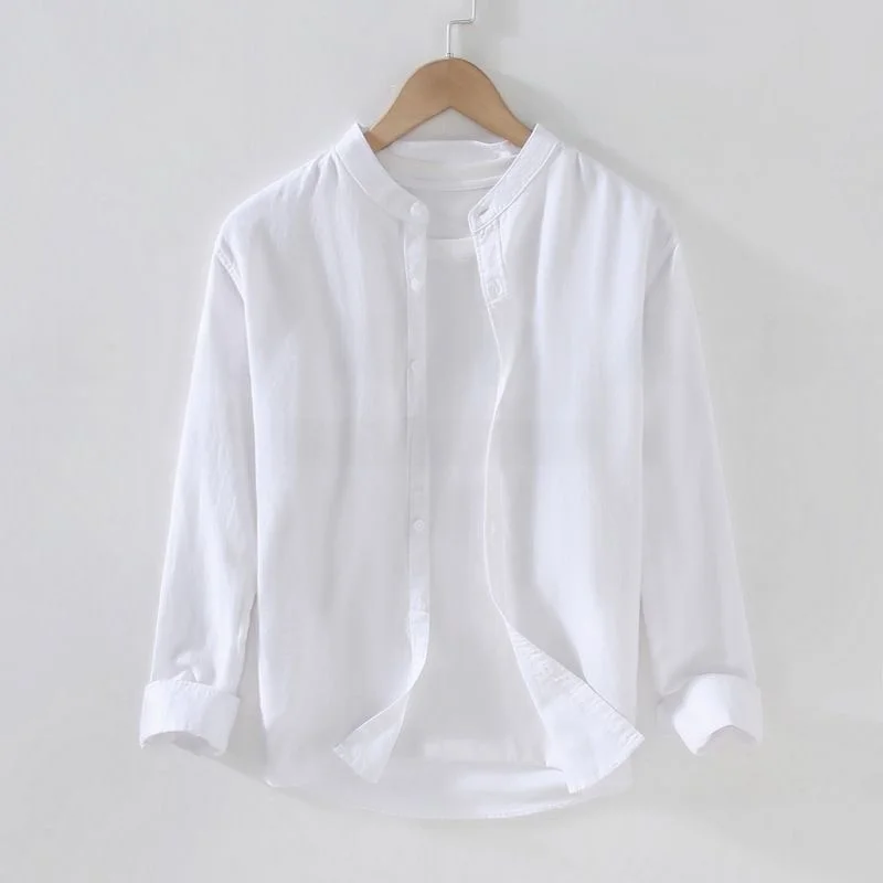 Lightweight Summer Men's Linen Long Sleeve Casual Shirt Thin Cotton Linen Collarless White Casual Shirt Breathable Outerwear