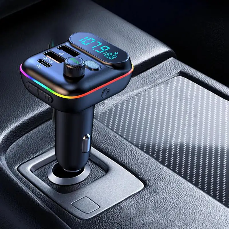 調整可能なLEDアンビエントライト付きカーチャージャーアダプター、車両急速充電、自動充電アダプター、mp3プレーヤー、fm