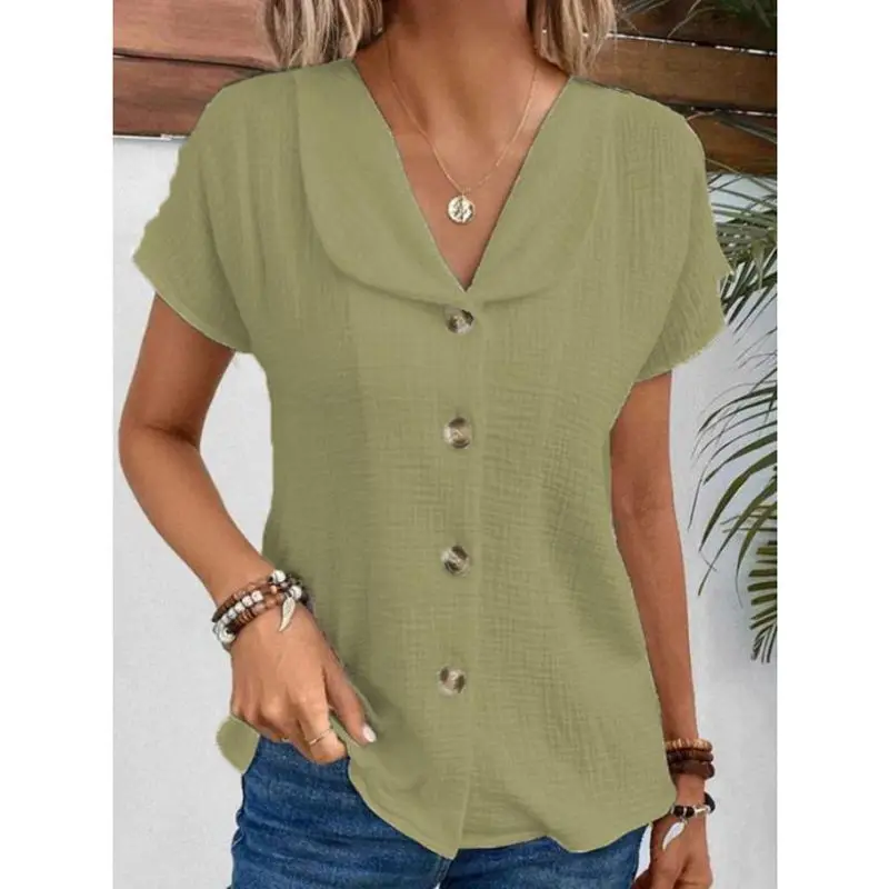 Simple Solid Color Blouse Women\'s Summer V-neck Button Short Sleeve Lady Work T-shirt Tops