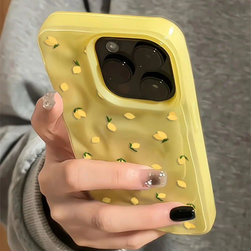 

Yellow Lemon Shockproof Anti-Scratch Protective Case for iPhone 11 12 13 14 15 16 Pro Max 14 Plus Folds Texture Soft Funda Cover