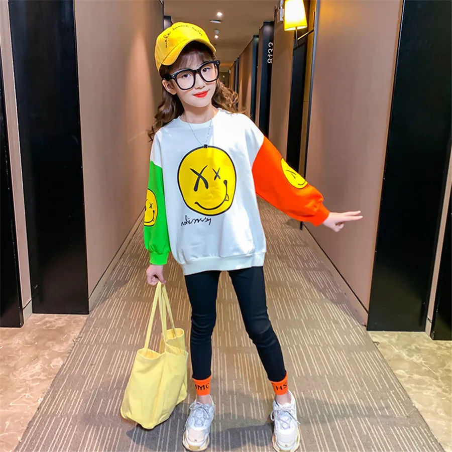 2022 winter spring Kids Sports Girls Tracksuit Letter smile Long Sleeve t shirt hoodie + leggins Teenager 4 6 8 10 12 11 Years