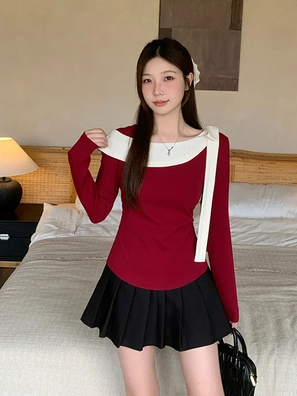 T-shirt a maniche lunghe con fiocco rosso con colletto arricciato chic francese per top taglie forti da donna abbigliamento casual da donna da ufficio autunnale