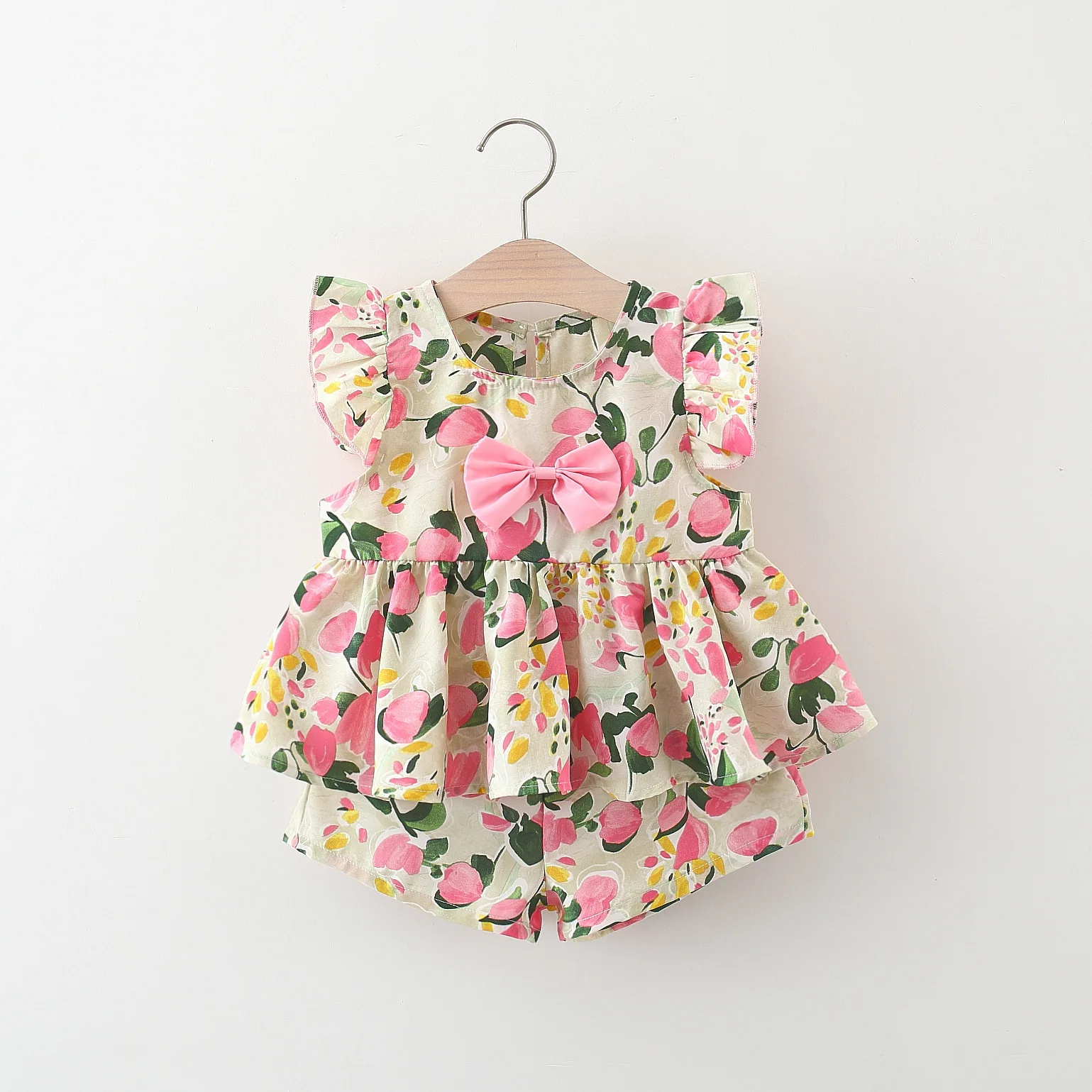 (0-3 Years Old) Summer Baby Girl Peach Print Bow Fly Sleeve Top And Shorts Set Girl Cute Cotton Two-Piece Set