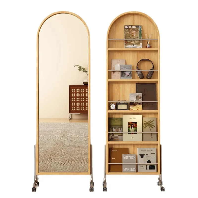 Medieval Style All Solid Wood Movable Full-body Mirror, Household Magazine Bookshelf Storage Integrated Floor Rotating Full- image 5