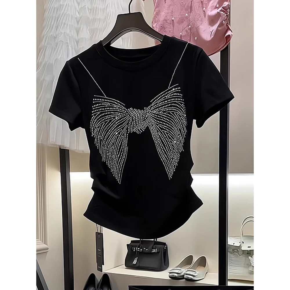 

Футболка Slim Fit ort Sve, женская модная повседневная универсальная футболка со стразами, летнее новое поступление, топ больших размеров