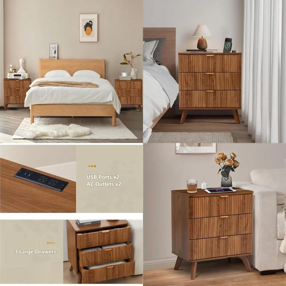 Nachtkastje uit het midden van de eeuw met oplaadpoort, gecanneleerde lades en opbergkast voor modern leven