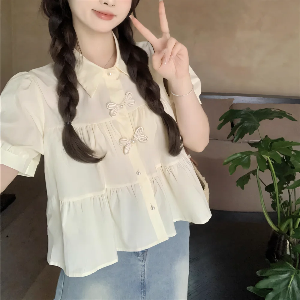 

Short Sleeve Shirts Womens Poplin Pleated Pintuck Slim Fit Blouse Sweet Preppy Art Girlish Student Youthful Feminine Everyday