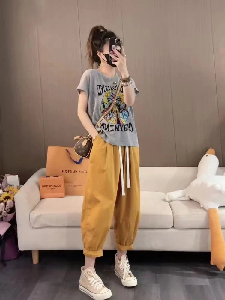 

Anti-Aging Summer Running Set Women's Cartoon Pattern Short Sleeve Loose Fashion Slimming Casual Two-Piece Suit Nine-Piece Pants
