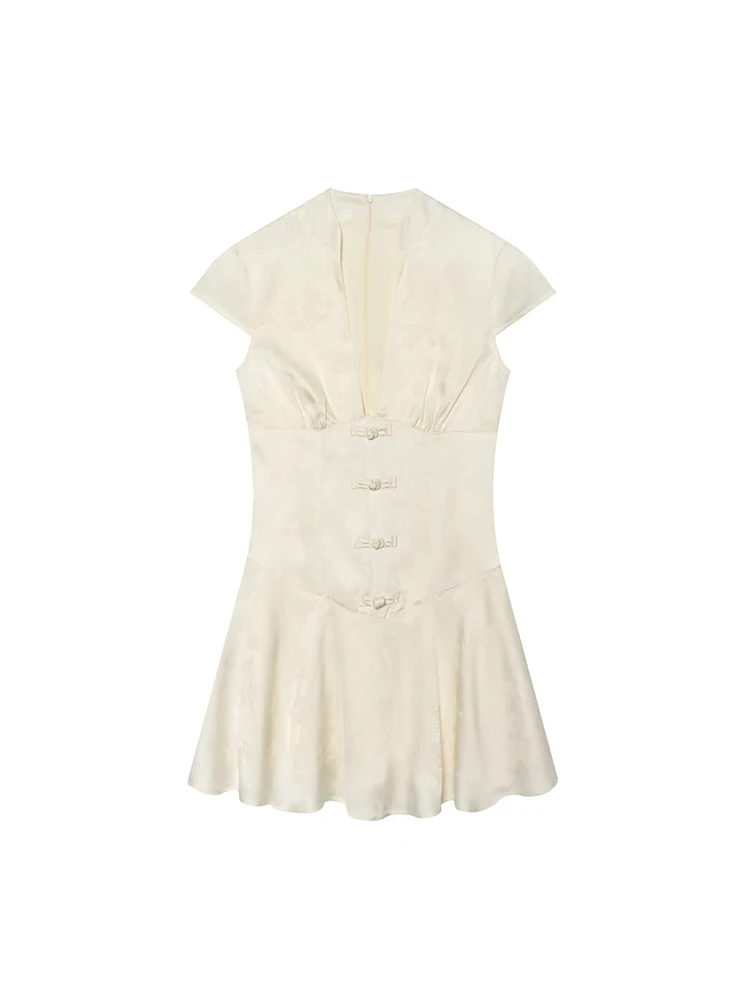 TFMLN Sexy Women V-Neck Short Sleeve Mini Dress Slim High Waist Elegant Vintage Casual Button Decoration Fashion Lady Dress - view 5