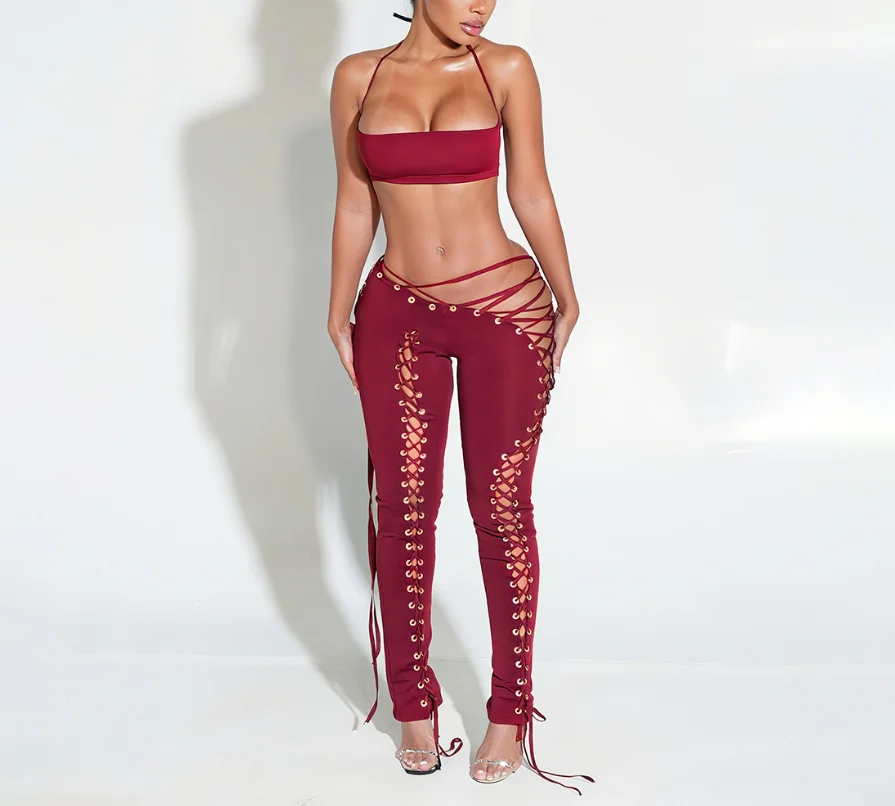 

Sexy Women's 2-Piece Set Low Cut Square Collar Exposed Back Hanging Neck Vest Low Waist Hollow Out Drawstring Tight Pants Set