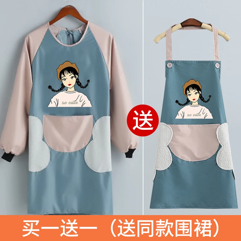 Cotton household long-sleeved apron female kitchen waterproof anti-oil covering adult fashion new work clothes reverse dressing