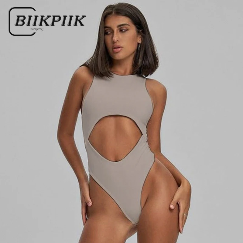 BIIKPIIK Sexy Hollow Out Sleeveless Women Bodysuits Clubwear O Neck Backless Solid Rompers Concise Basic Overalls Casual Outfits