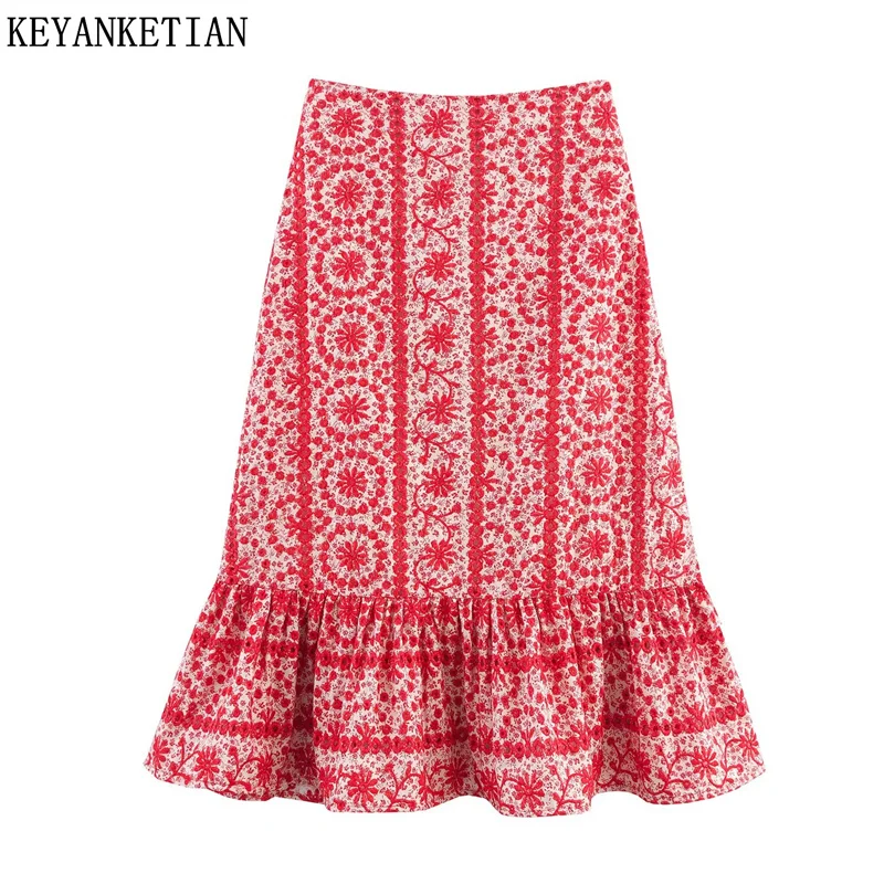 

KEYANKETIAN 2025 Summer New Women's Hollow out Embroidery MIDI Skirt Holiday wind Zipper High Waist Tiered Ruffles A Line Skirt