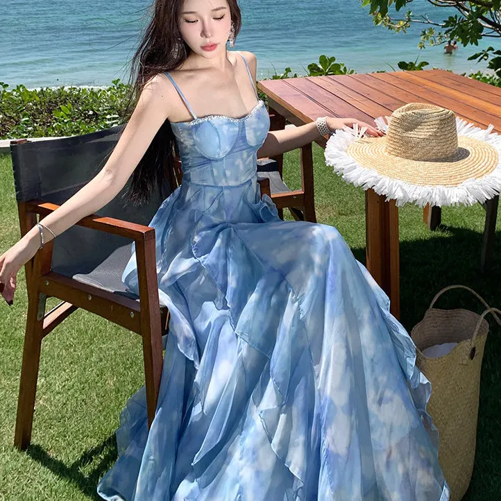 

Пляжное платье Vaion Blue Dr женское с завышенной талией, рукавами-колокол и открытыми плечами, Sanya Sle, лето 2025, полиэстер, повседневное