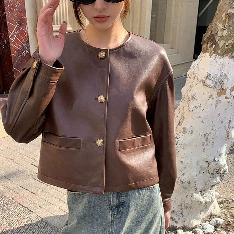 S-2XL Giacche vintage in vera pelle marrone per donna Casual Chic O-collo monopetto femminile corto giacche di pelle di pecora cappotti