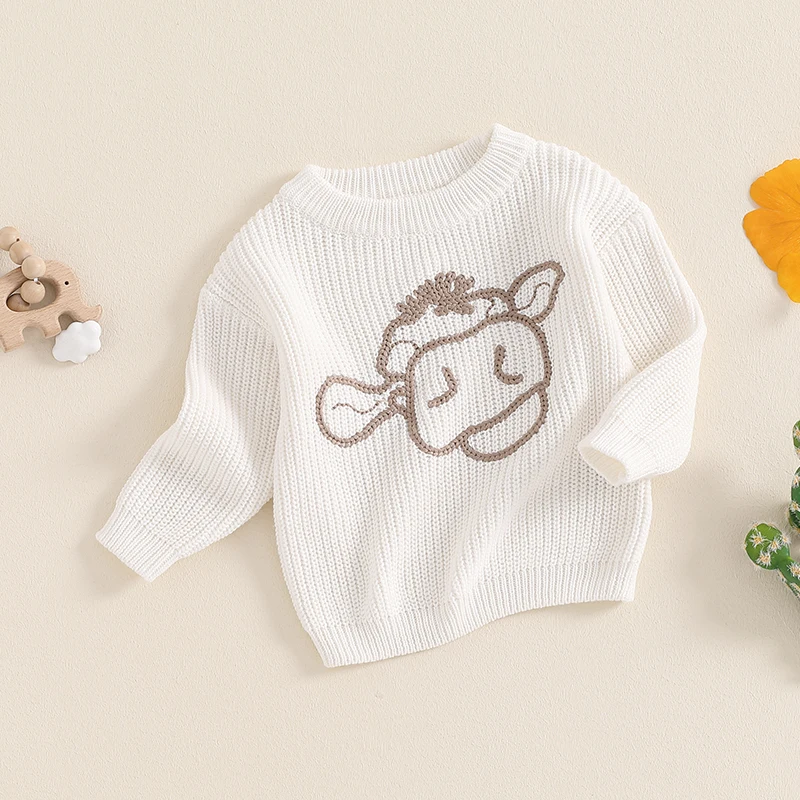 

Suefunskry Baby Knit Sweaters Cute Long Sleeve Round Neck Cow Embroidery Pullover Infant Fall Winter Knitwear Tops