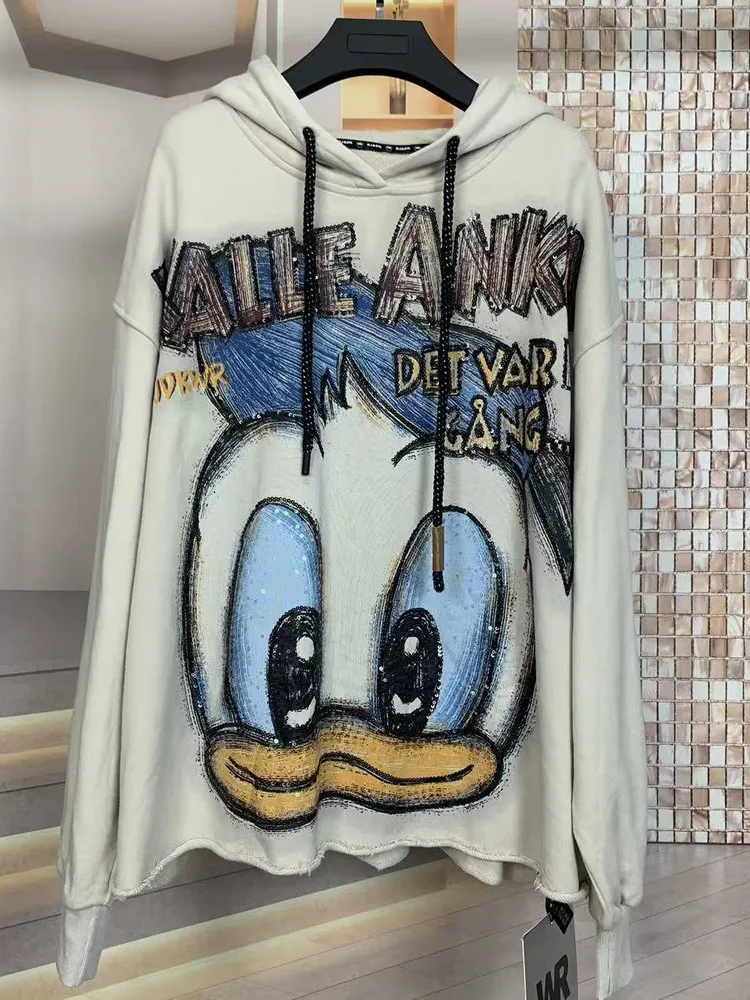 Trendy Brand Autumn New Heavy Craft Cartoon Sequin Hoodies Women Fashion Oversized Loose Hooded Sweatshirt Balck Top