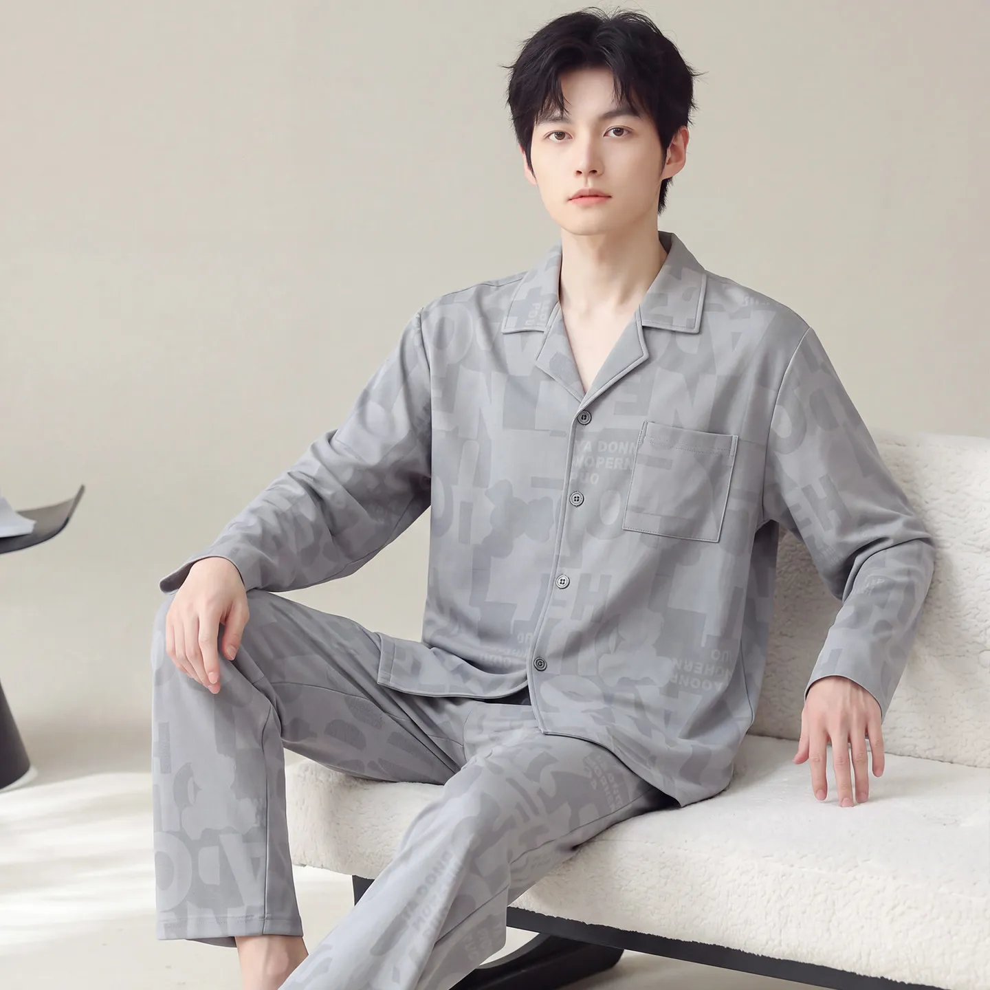 Cardigan Nightwear for Men Autumn Spring Long Sleeves Trouser 2Pcs/set Pajamas Korean Sleepwear Casual Sleepwear Hombre Pyjamas