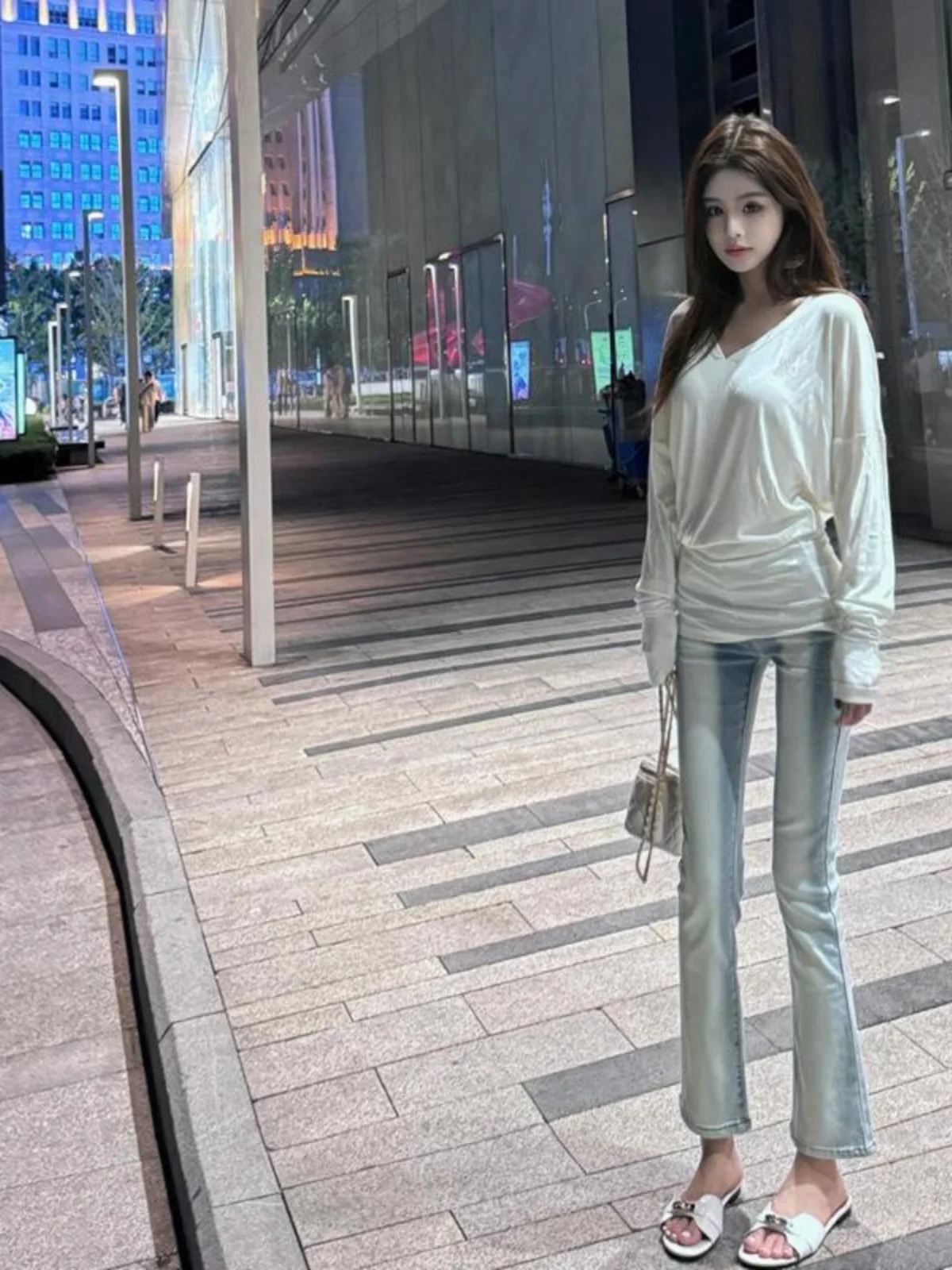 

Faionable adient Light Blue Distred Straight Leg Jeans High Waist Slim Fit Korean Sle Commute Cotton Stretch Denim