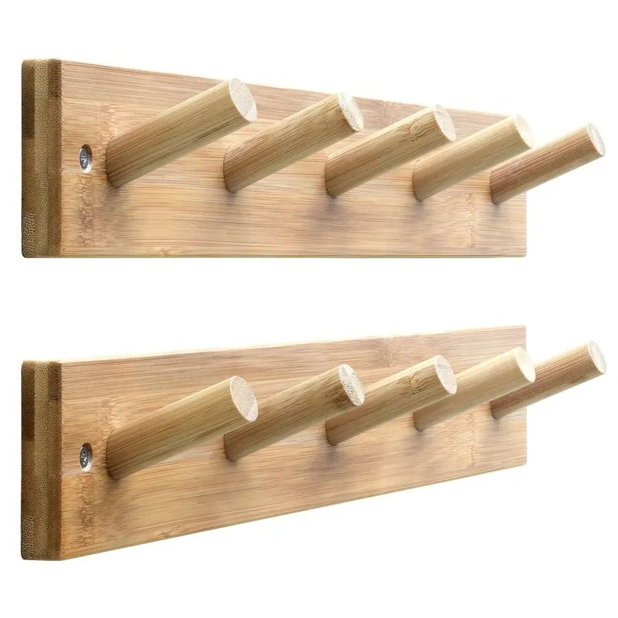 

Wooden Wall Mounted Coat Rack,16 Hole to Hole, 5 Pegs Bamboo Wall Hook for Hanging Clothes Robes Towels Hats,Natural Gold