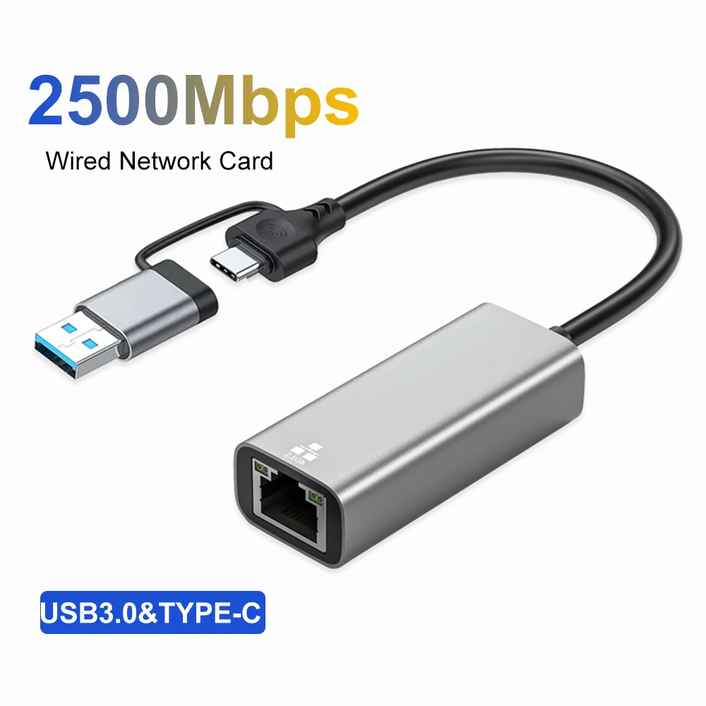 Adaptateur Ethernet 2 en 1 2500Mbps USB 3.0 type-c vers RJ45, adaptateur de carte réseau filaire 2.5G, adaptateur Ethernet haute vitesse pour ordinateur portable