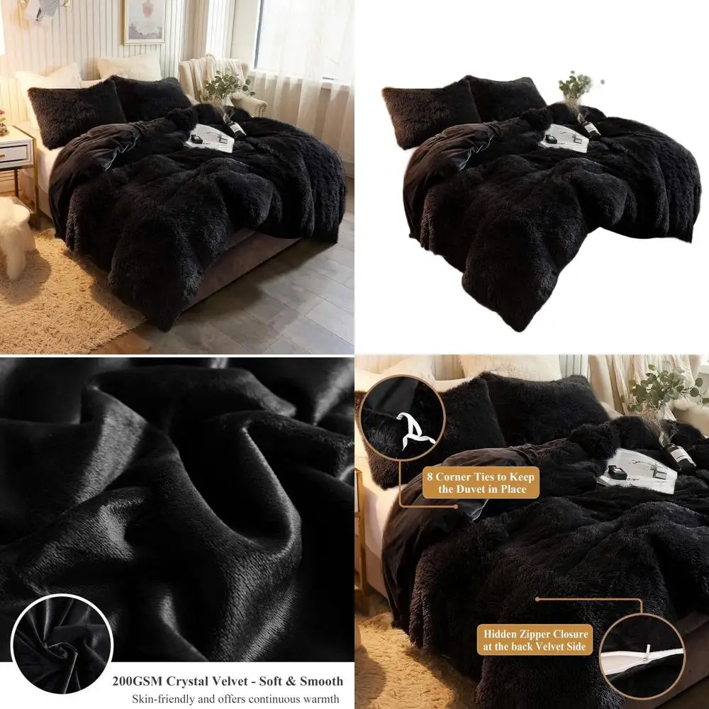 

Luxurious Crystal Velvet Duvet Cover - Plush Fuzzy King Size Bedding with Zipper (Black)