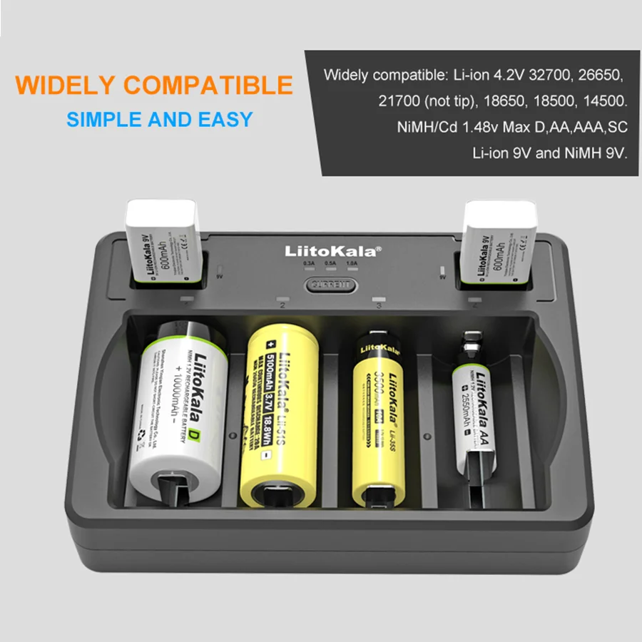 LiitoKala Lii-D4 9V 26650 18650 21700 18500 26700 16340 22650 AA AAA C SC D 3.7V 1.2V Lithium NiMH Smart Battery Charger