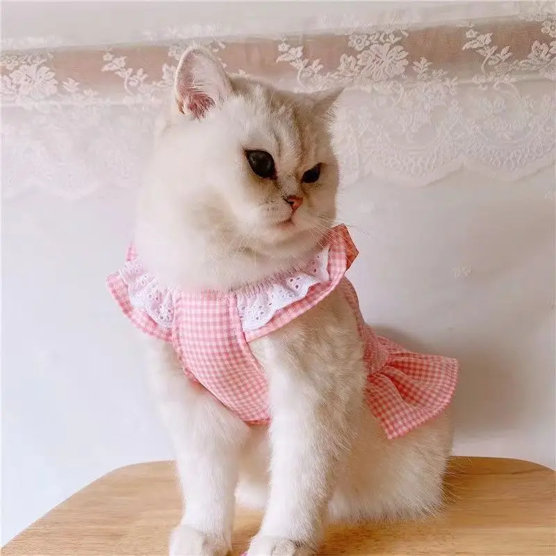 Spring Summer New Little Flying Sleeves Cat Dress Checkered Pet Vest Skirt Dog Clothes Girl Heart Cat Clothes