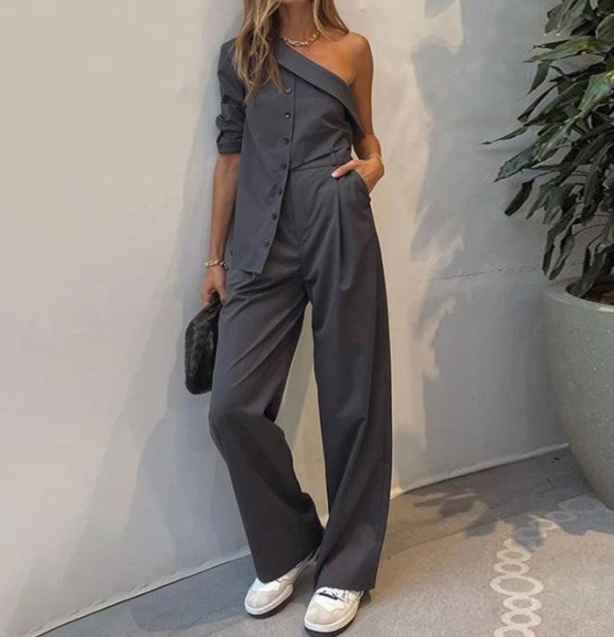 Women\'s Pants Set 2024 Spring/summer Solid Color Casual Sexy Pockets Design One Shoulder Irregular Top Loose Pants Two Piece Set