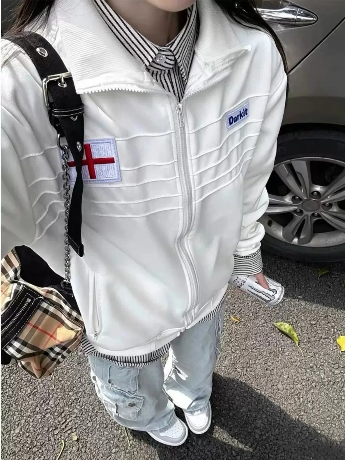 Retro American England Embroidered Stand Collar Jacket Loose Zipper Cardigan Sweatshirt Sports Training Suit for Men And Women