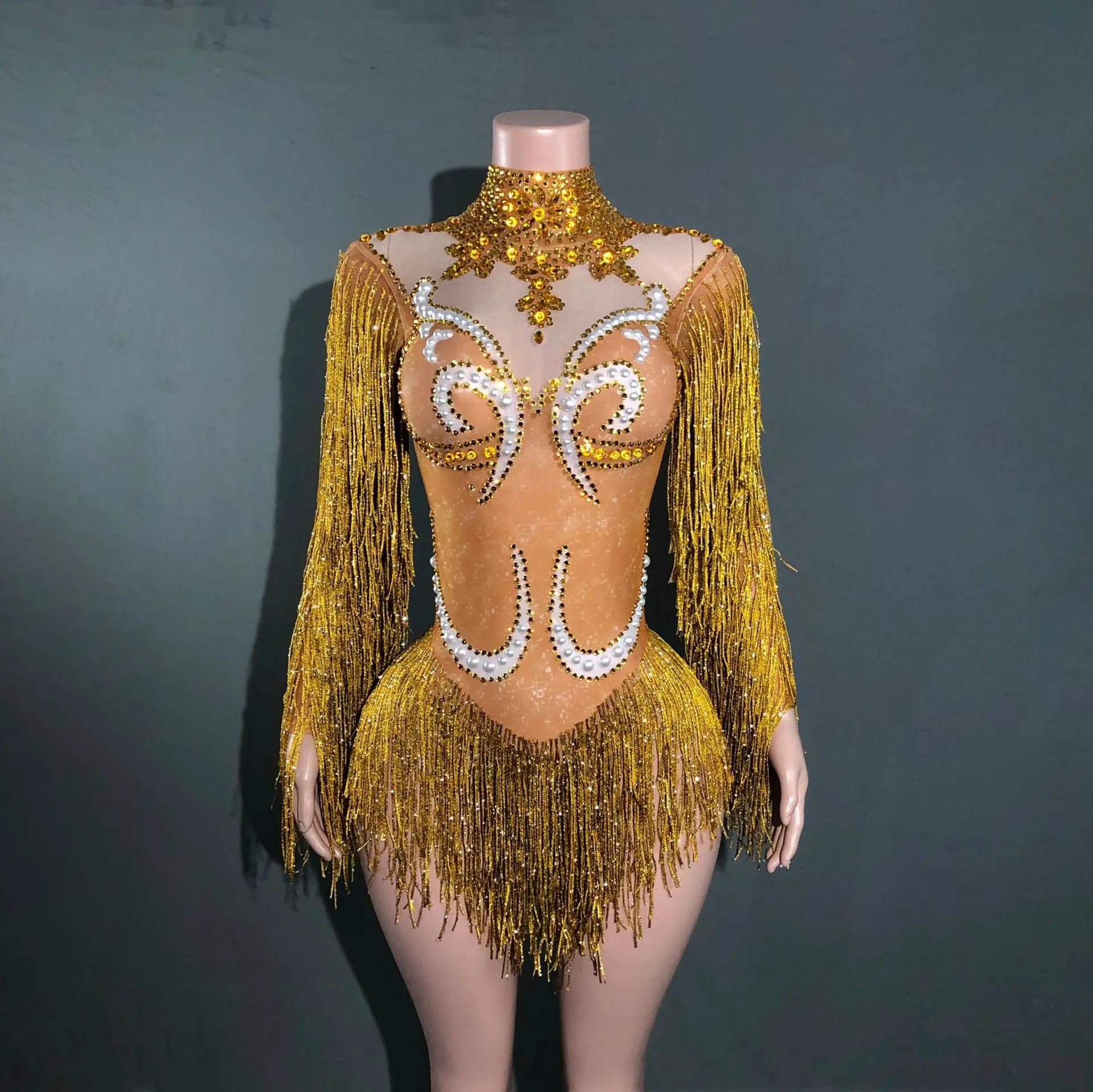 

Костюм певицы для сценического танца, винтажный танцевальный костюм с жемчугом и стразами, сексуальный костюм с длинными рукавами и кисточками для выступлений, сексуальные обтягивающие платья