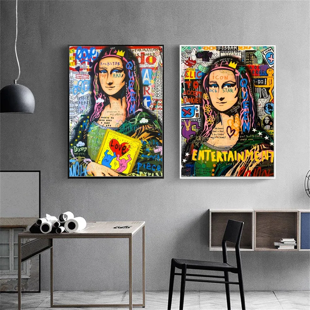 

Banksy Style Wall Art Canvas Painting Mona Lisa Pop Street Art Graffiti Poster And Prints Wall Art For Living Room Home Decor