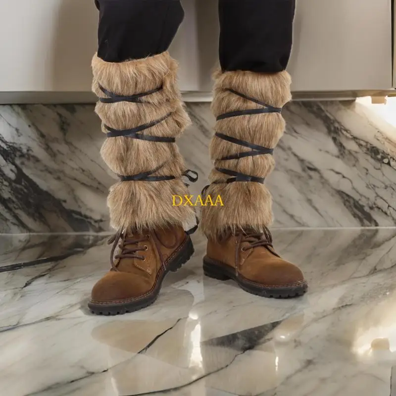 DXAA Medieval Furry Leg Gaiters with Adjustable Strap Mercenary Leg Guards Leg Warmer for Halloween Cosplay Accessories