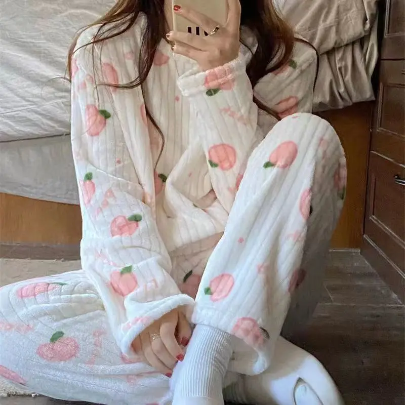 EVNISI Winter Women Warm Sets Cute Peach Printed Thicken Fleece Tops And Pants Pajama Suit Autumn Women Velvet Casual 2 Pieces