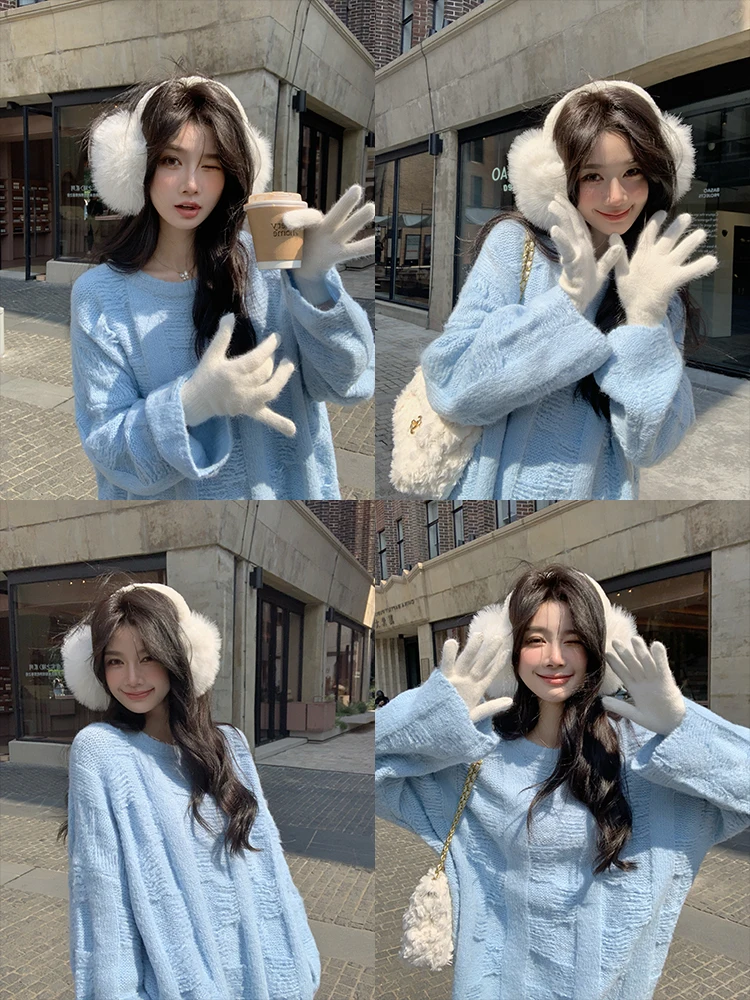 

Синий вязаный свитер женский, осенне-зимний, свободный, ленивый, средней длины, удобный, теплый, Thiened Long Sve roun...