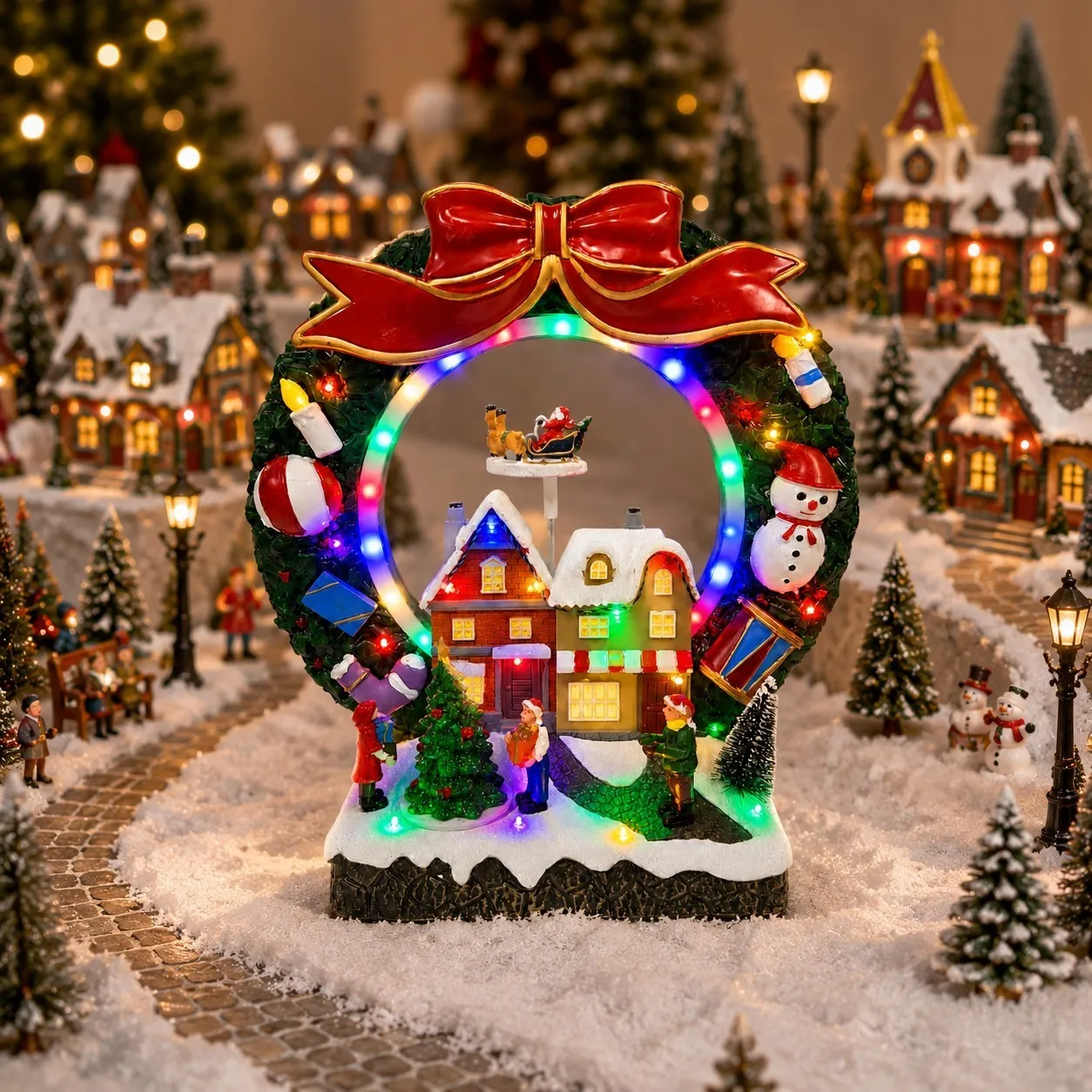 lighted-christmas-village-wreath-animated-santa-sleigh-snow-houses-led-tabletop-mantel-indoor-holiday-home-decoration-gift
