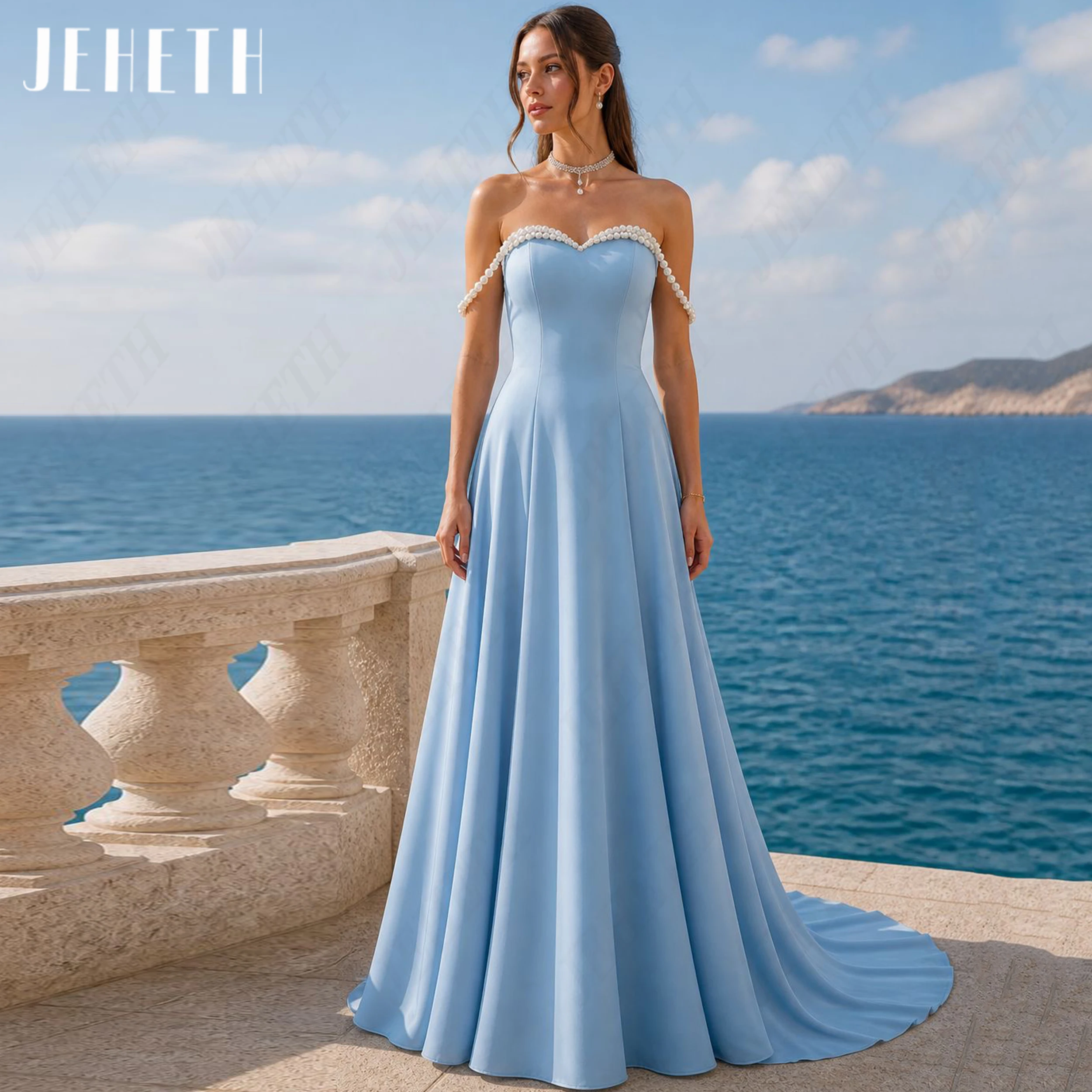 JEHETH Modesto fora ombro pérolas vestido de noite macio cetim vestido de cerimônia uma linha formal vestidos de noite feito sob encomenda vestido debutante comprimento do chão fora ombro vestido de noite pérolas vesti
