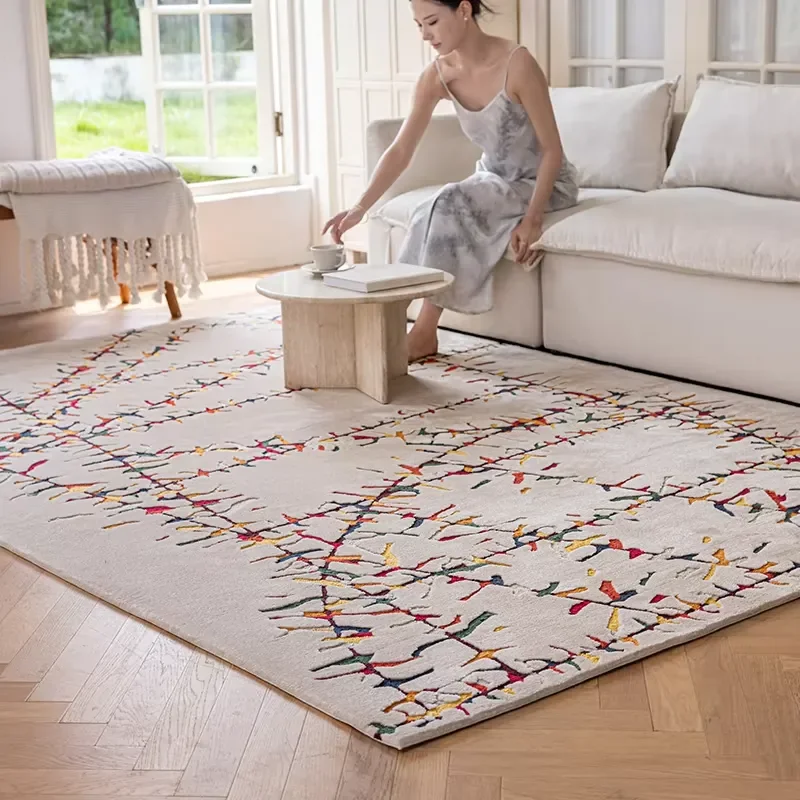Handmade Bohemian Abstract Beige Multicolor Carpet Loop Pile Technique Modern Living Room Branch-Like Geometric Lines Rug