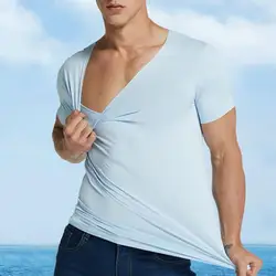 Men Summer T-shirt Seamless Ice Silk V Neck Short Sleeves Soft Breathable Pullover Sports Business Casual Men Office Top