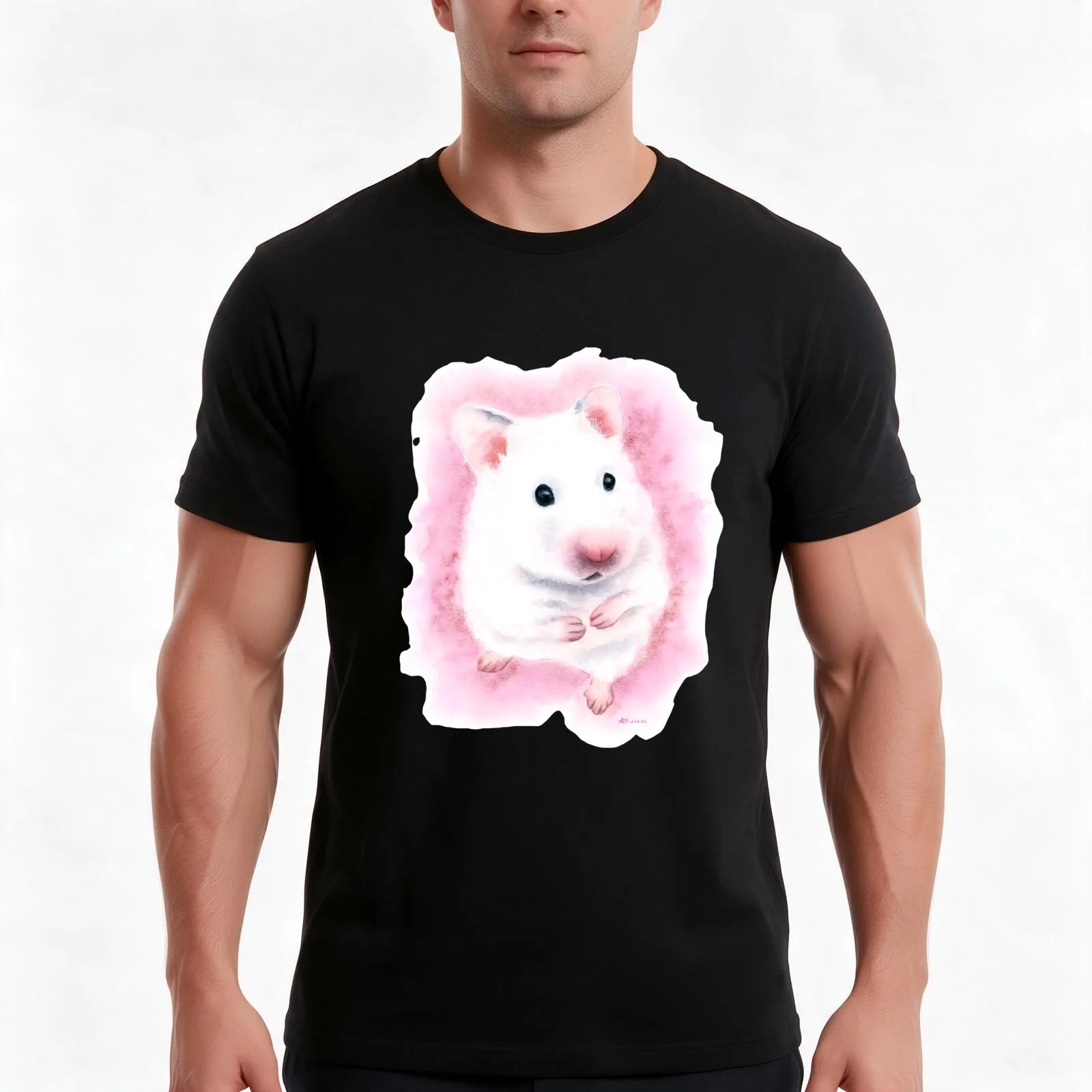 White Hamster Watercolor Painting T-Shirt, Summer Casual Cotton Tee, Oversized Streetwear Tops, Vintage Graphic Print