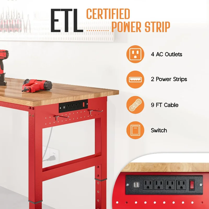 96" Red Adjustable Heavy Duty Workbench with 4 AC Outlet and 2 USB Ports Power Outlets, 5000 Lbs Capacity, Rubber Wood Top